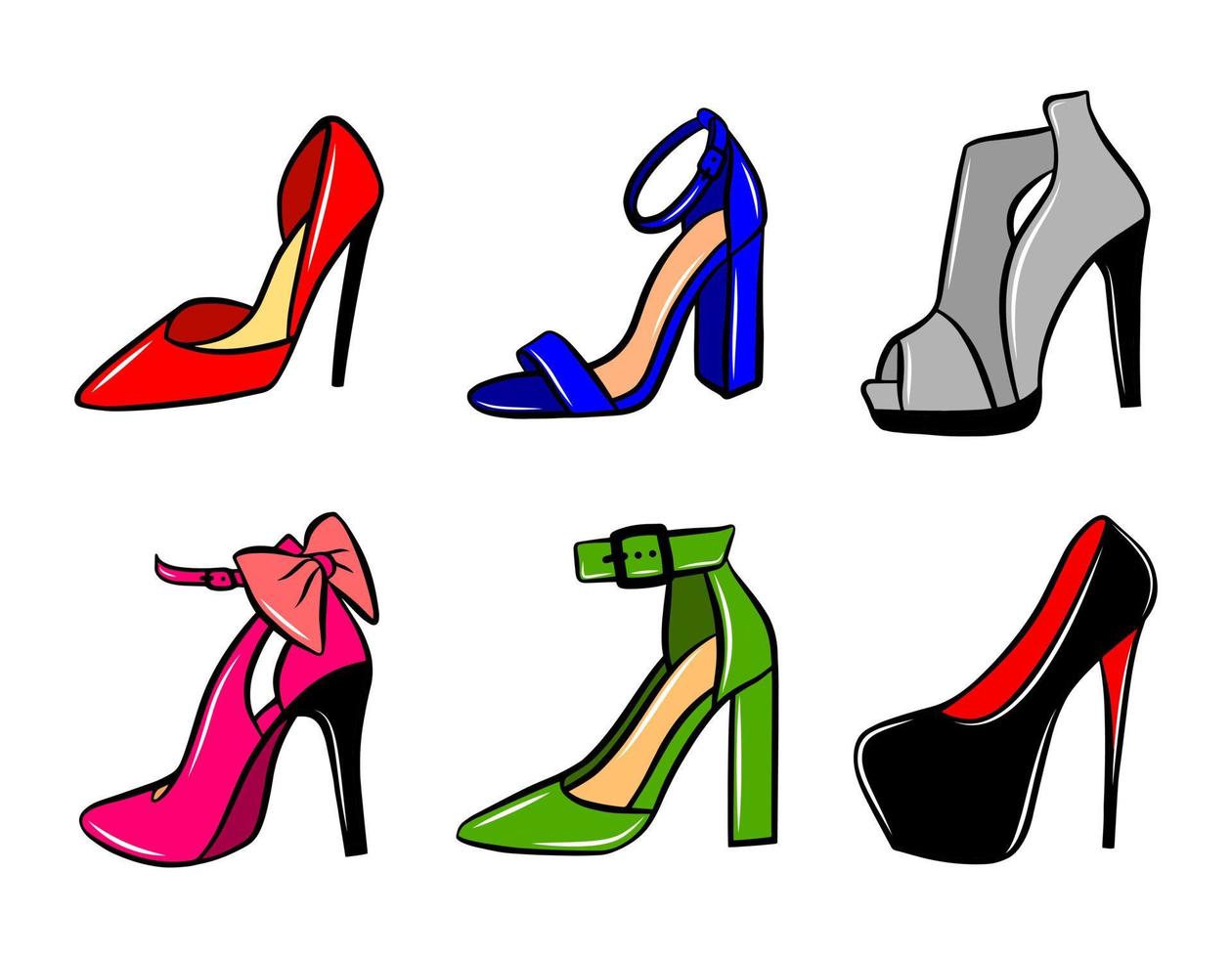 Woman shoes icon set isolated on white background. Colorful hand drawn vector fashion illustration. Beauty and glamour outline silhouette. Logo design element.