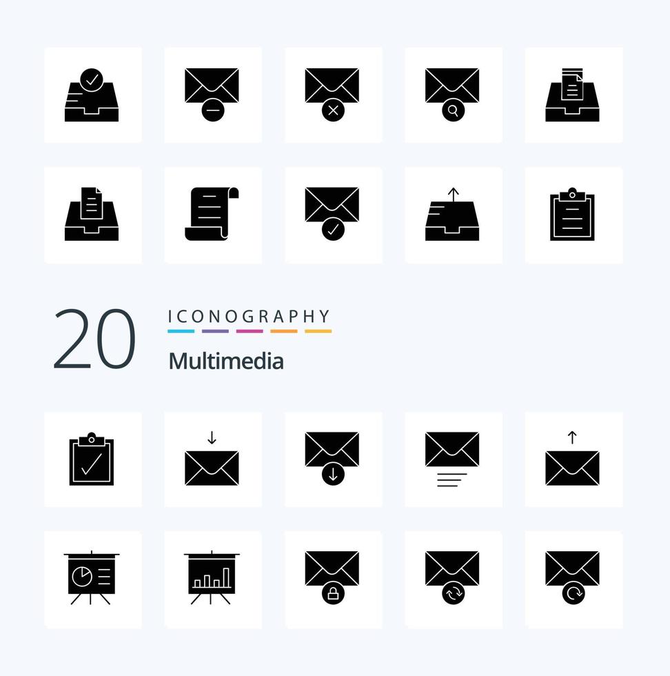 20 Multimedia Solid Glyph icon Pack like mail message analytics mail message vector