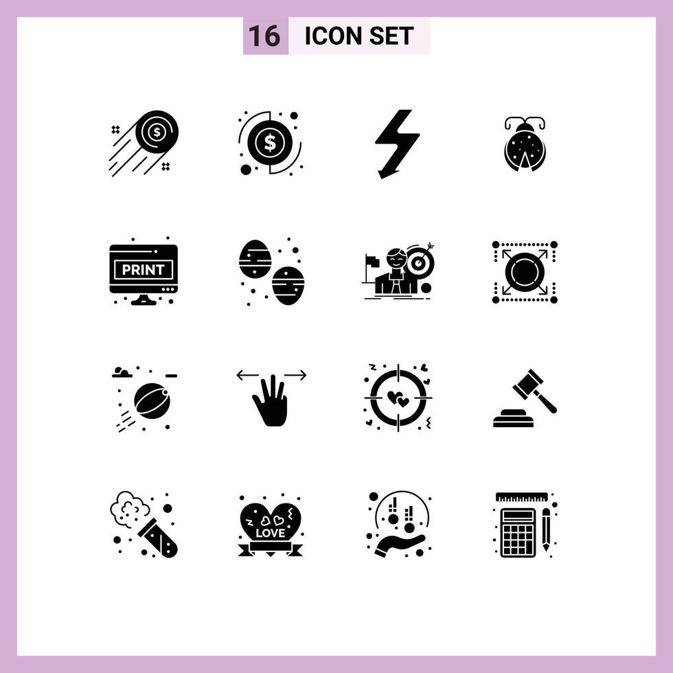 16 User Interface Solid Glyph Pack of modern Signs and Symbols of paper computer sheet camera ladybug bug Editable Vector Design Elements