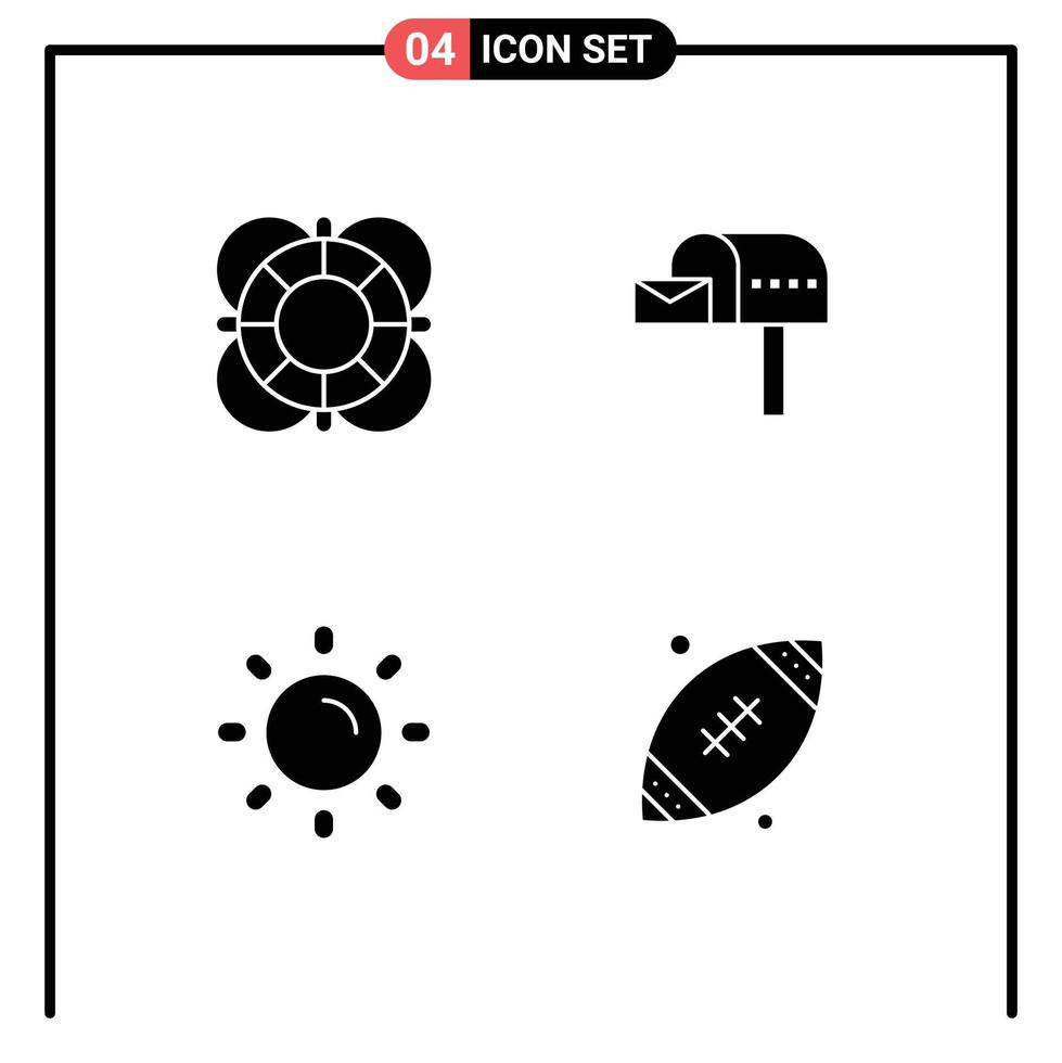 Set of 4 Commercial Solid Glyphs pack for essentials brightness outline email sun Editable Vector Design Elements