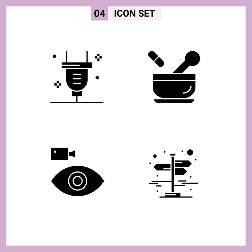 Pack of 4 creative Solid Glyphs of plug camcorder electricity medicine device Editable Vector Design Elements