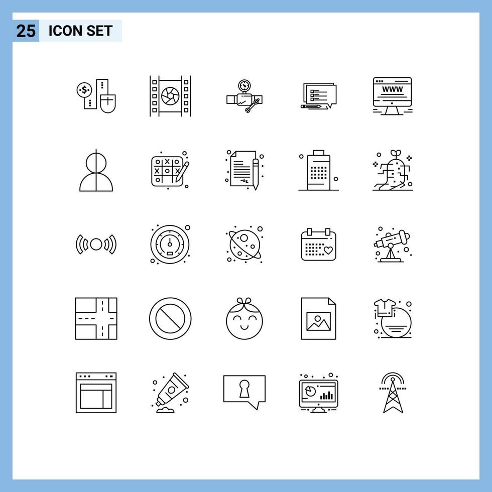 Group of 25 Lines Signs and Symbols for write sms multimedia chat repair Editable Vector Design Elements