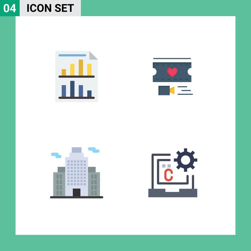 Modern Set of 4 Flat Icons Pictograph of bars building paper heart office Editable Vector Design Elements