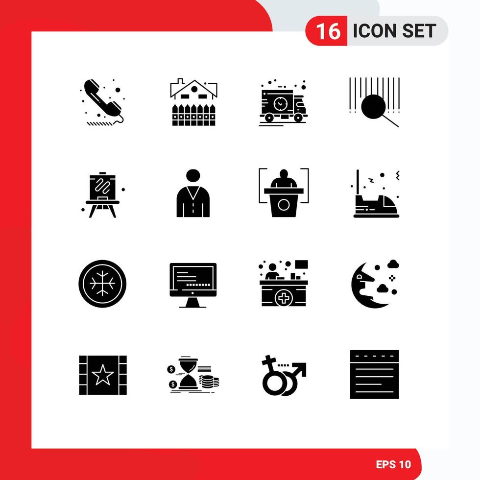 16 Thematic Vector Solid Glyphs and Editable Symbols of easel product fence barcode transport Editable Vector Design Elements
