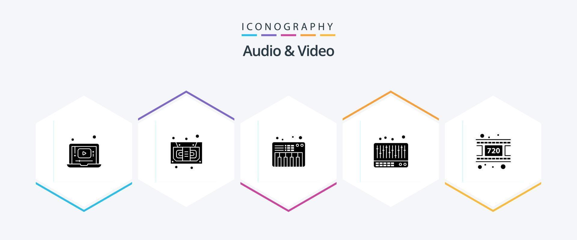 Audio And Video 25 Glyph icon pack including . reel. music. movie. music vector