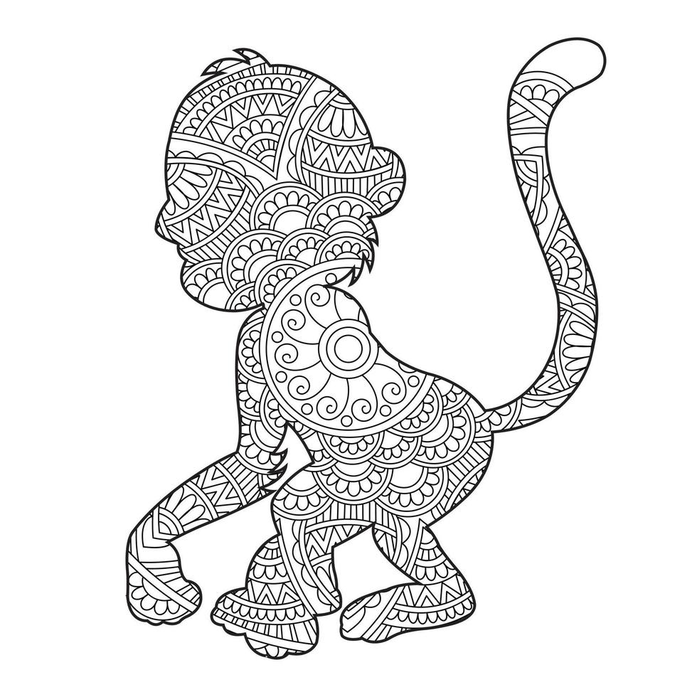 Monkey Mandala Coloring Page for Adults Floral Animal Coloring Book Isolated on White Background Antistress Coloring Page Vector Illustration