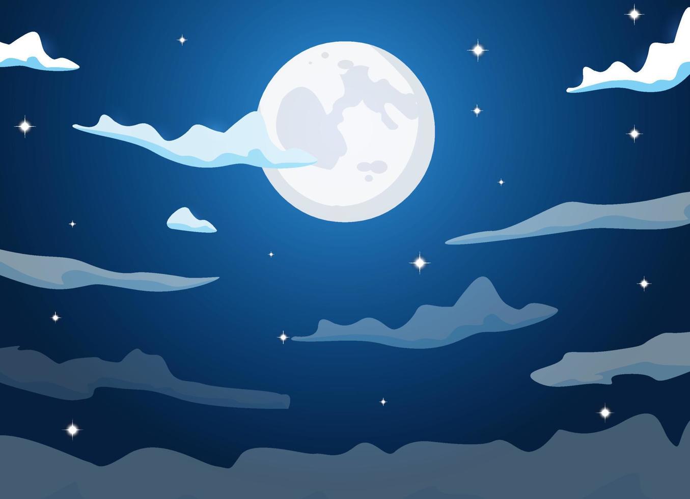 cielo de dibujos animados nocturnos con nubes, luna llena, luz de luna y diseño de fondo vectorial de estrellas. vector