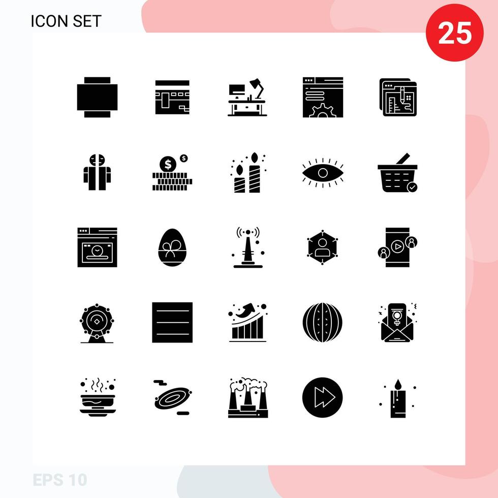 Group of 25 Modern Solid Glyphs Set for document browser lamp web brower server Editable Vector Design Elements