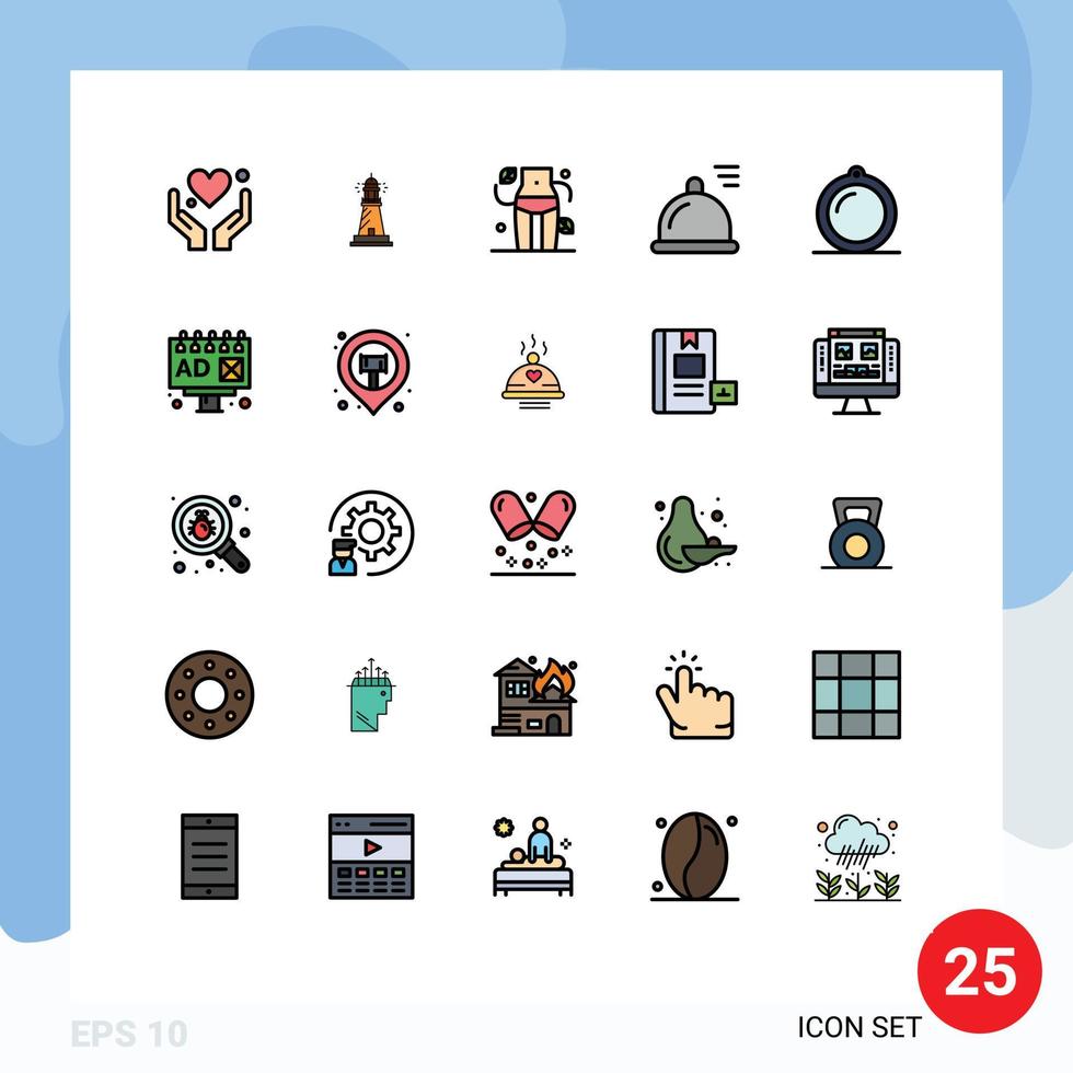25 Universal Filled line Flat Colors Set for Web and Mobile Applications furniture eat ocean dish woman Editable Vector Design Elements