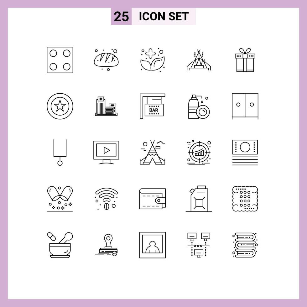 universal icono símbolos grupo de 25 moderno líneas de compras regalo comida cámping acampar editable vector diseño elementos