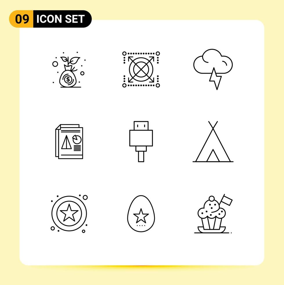 Editable Vector Line Pack of 9 Simple Outlines of file business cloud chart presentation Editable Vector Design Elements