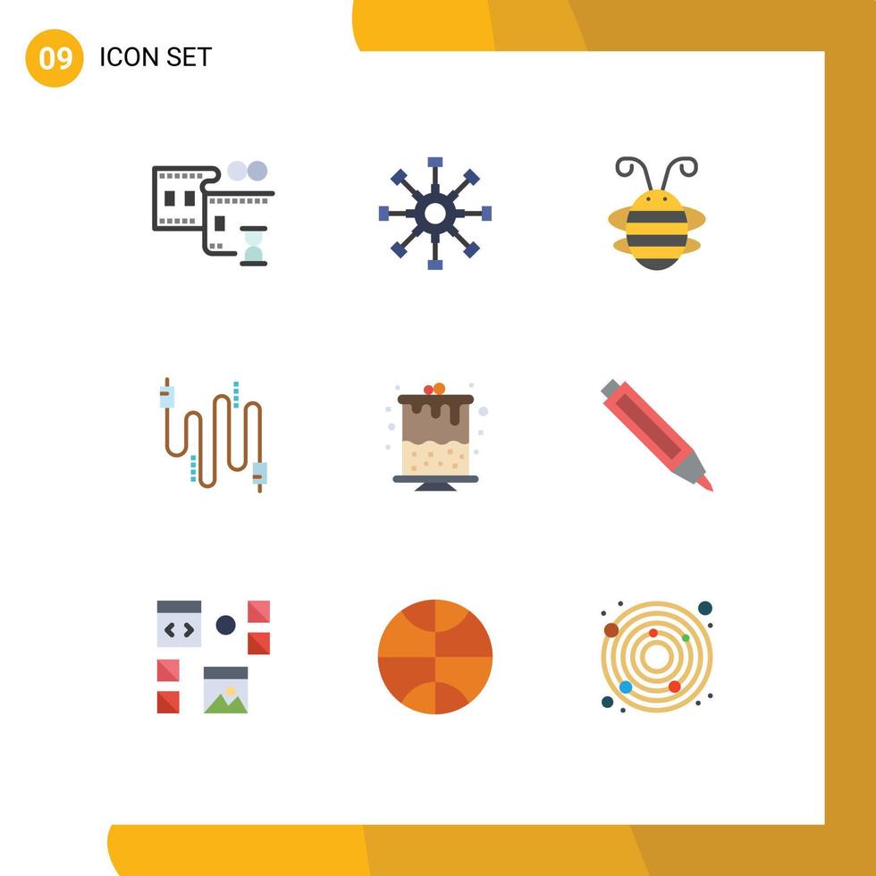 Set of 9 Modern UI Icons Symbols Signs for birthday cables bee insect cable ladybug Editable Vector Design Elements