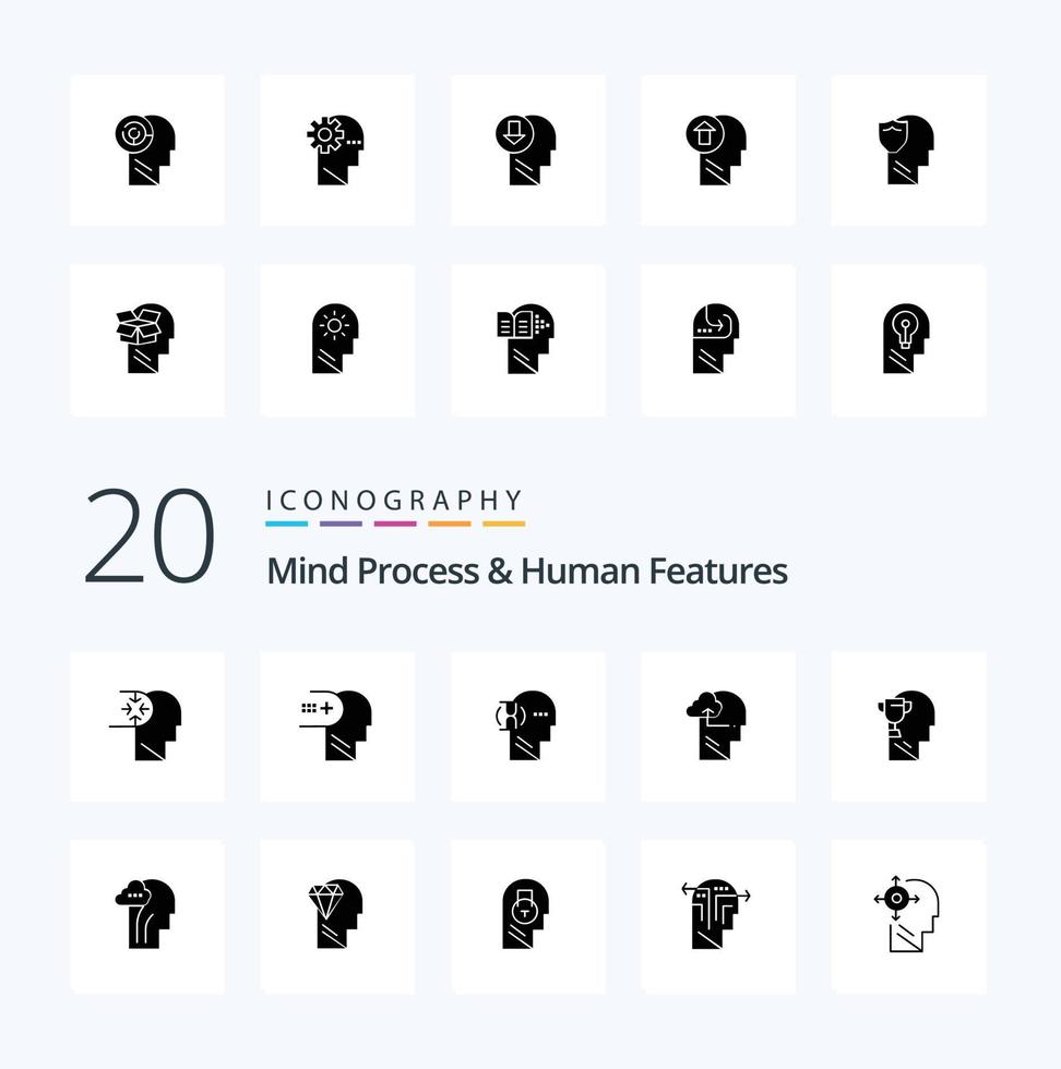 20 Mind Process And Human Features Solid Glyph icon Pack like brian head wait mind experience vector