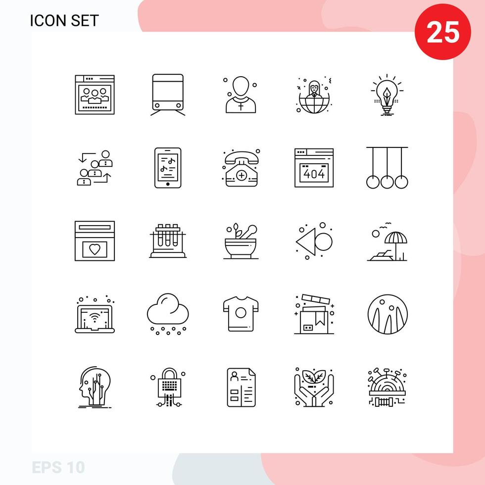 Mobile Interface Line Set of 25 Pictograms of idea world church women business Editable Vector Design Elements