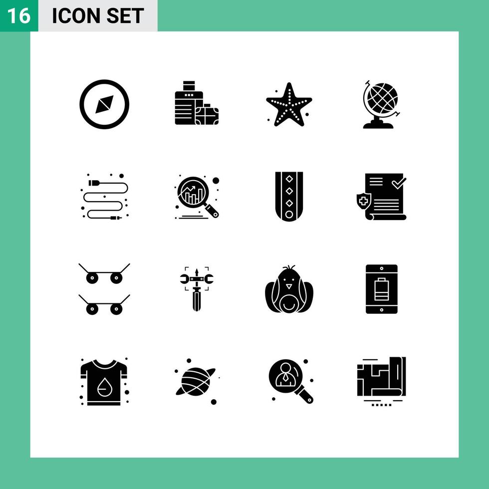 16 Thematic Vector Solid Glyphs and Editable Symbols of discover analytics starfish usb cable Editable Vector Design Elements