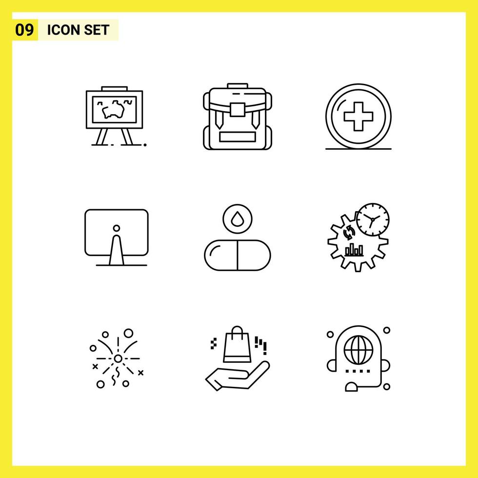 9 User Interface Outline Pack of modern Signs and Symbols of desktop back hiking treatment medical Editable Vector Design Elements