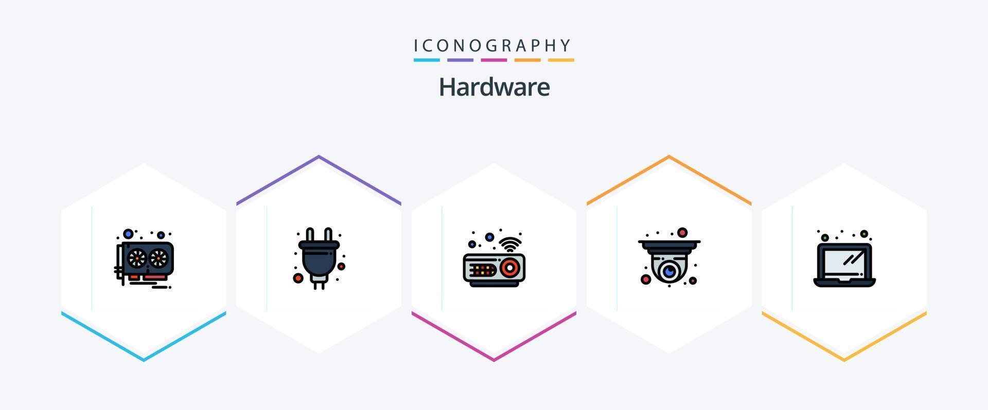 Hardware 25 FilledLine icon pack including laptop. computer. devices. security camera. cctv vector