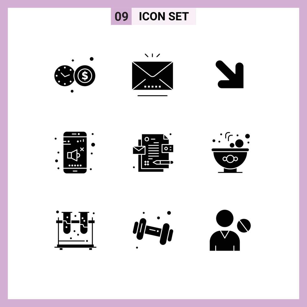 User Interface Pack of 9 Basic Solid Glyphs of bowl design down corporate volume Editable Vector Design Elements