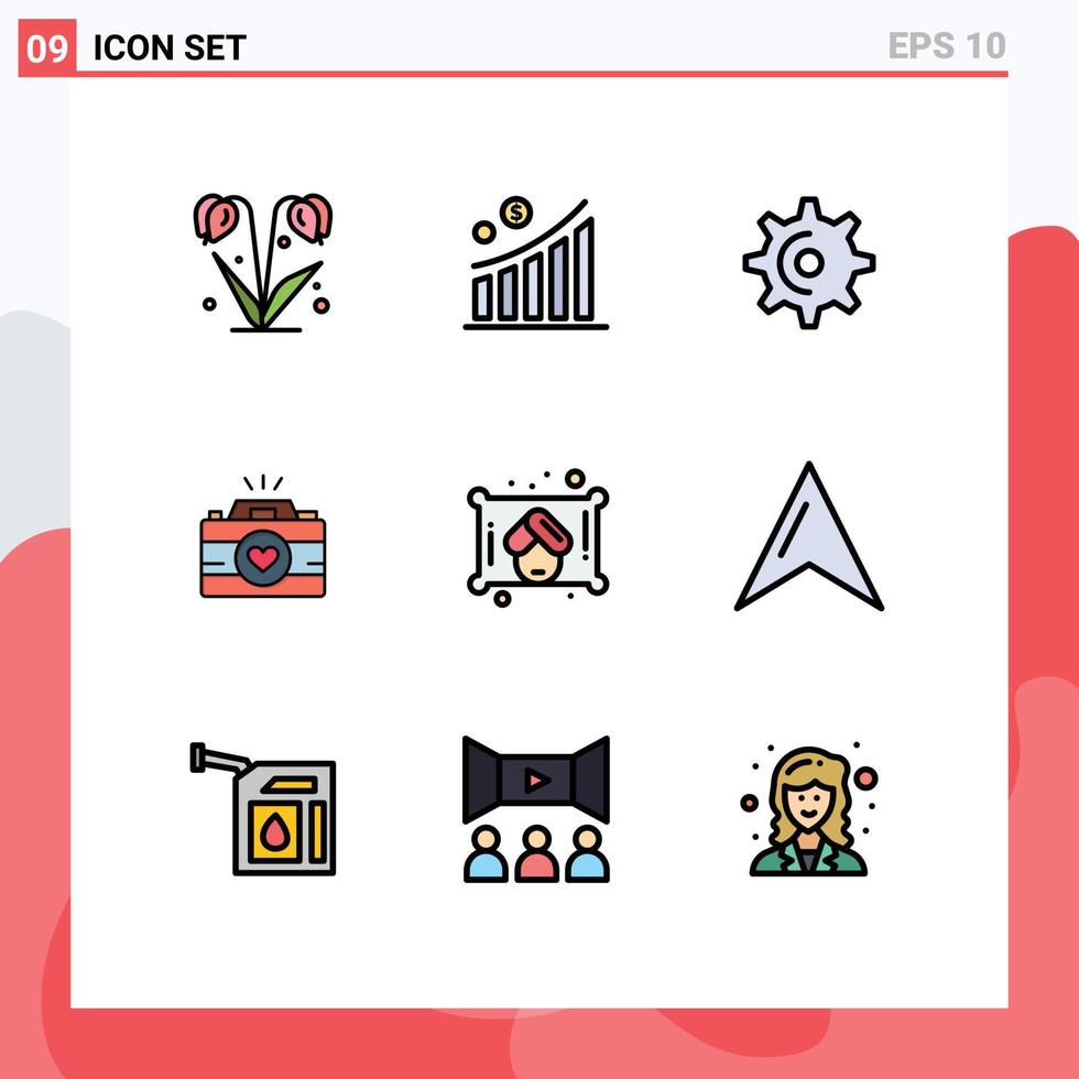 Filledline Flat Color Pack of 9 Universal Symbols of woman images wheel video cam camera Editable Vector Design Elements