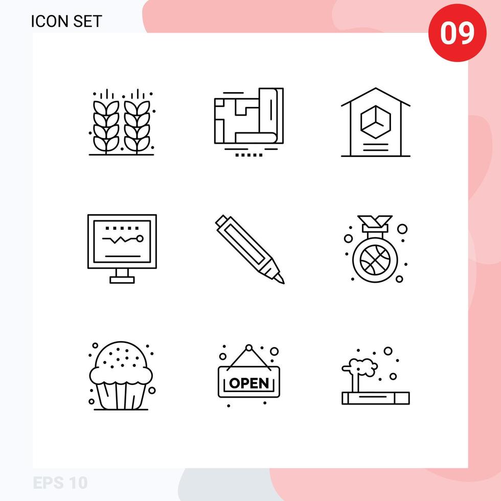 Universal Icon Symbols Group of 9 Modern Outlines of heartbeat cardiology navigation cardiogram product Editable Vector Design Elements