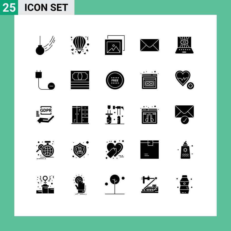 25 Universal Solid Glyphs Set for Web and Mobile Applications engineering applied science love message photo Editable Vector Design Elements