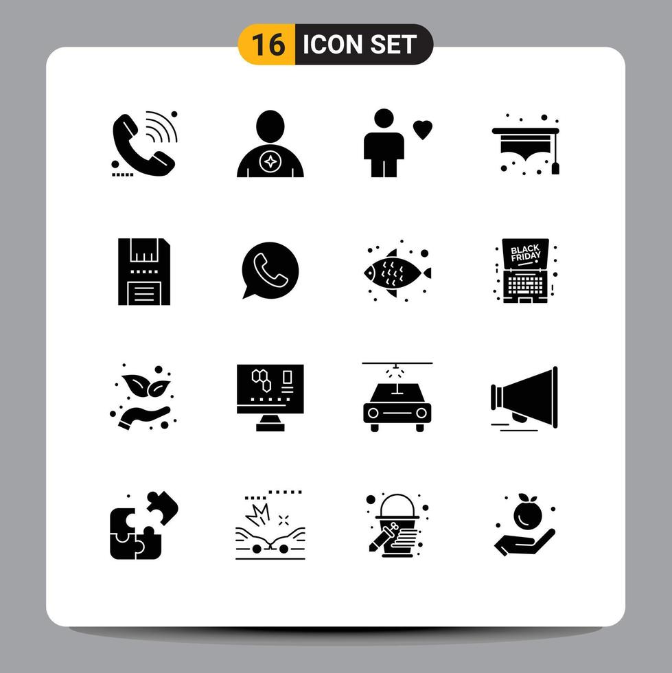 Group of 16 Modern Solid Glyphs Set for student hat favorite human favorite Editable Vector Design Elements