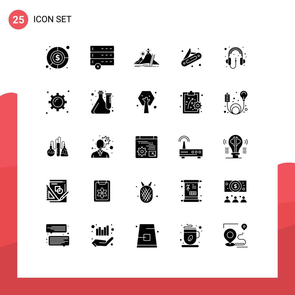 25 User Interface Solid Glyph Pack of modern Signs and Symbols of headphone computer development audio knife Editable Vector Design Elements