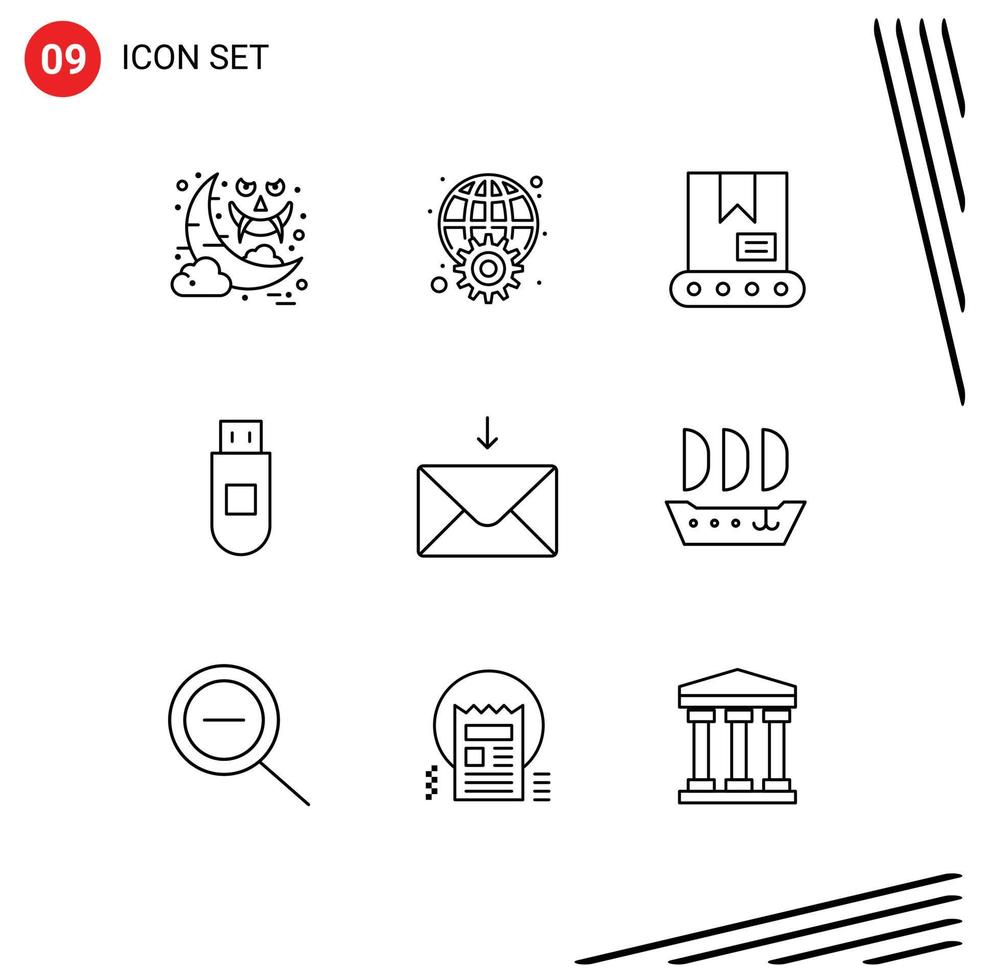 Outline Pack of 9 Universal Symbols of receive mail web data usb Editable Vector Design Elements