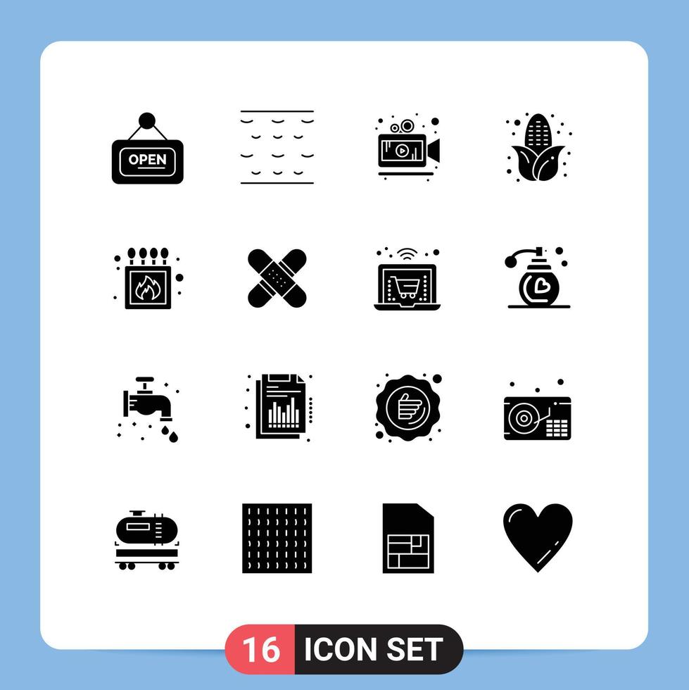 Group of 16 Solid Glyphs Signs and Symbols for aid match movie fire food Editable Vector Design Elements