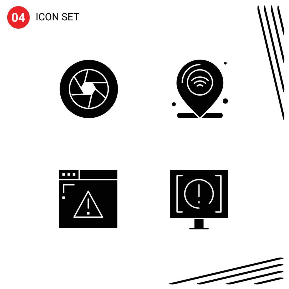 Pack of 4 Modern Solid Glyphs Signs and Symbols for Web Print Media such as aperture wifi movie internet security Editable Vector Design Elements