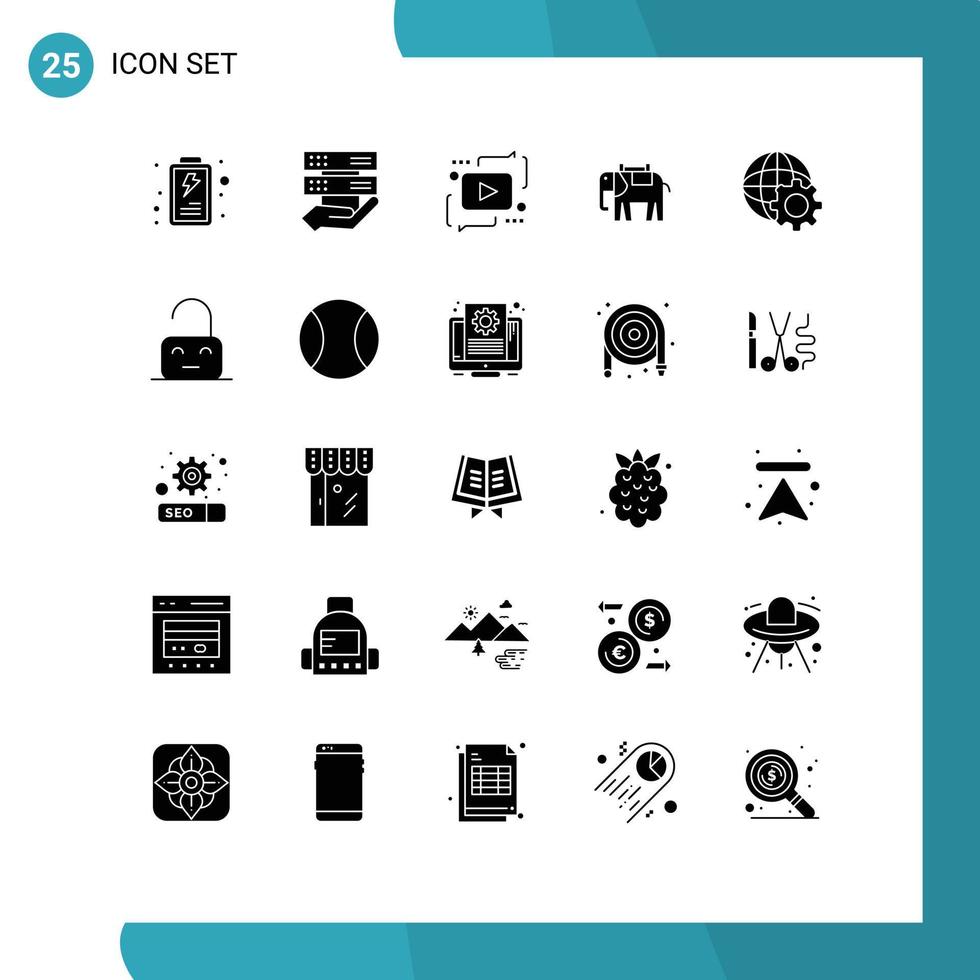 Pictogram Set of 25 Simple Solid Glyphs of globe indian chat elephant africa Editable Vector Design Elements