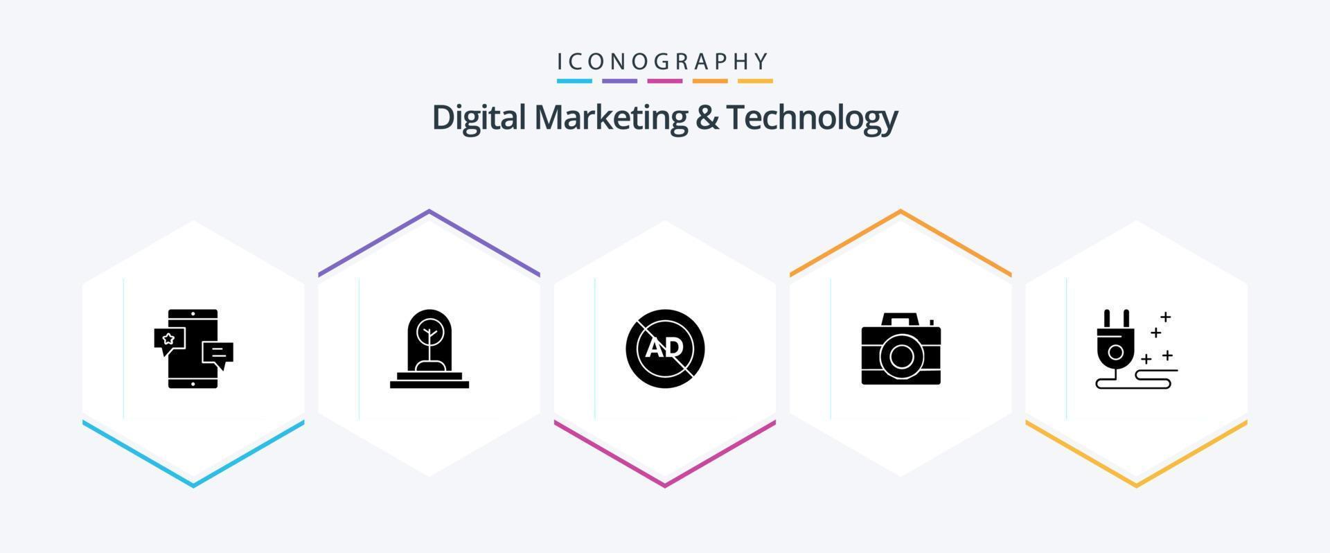 Digital Marketing And Technology 25 Glyph icon pack including digital. camera. plant. block. advertisement vector