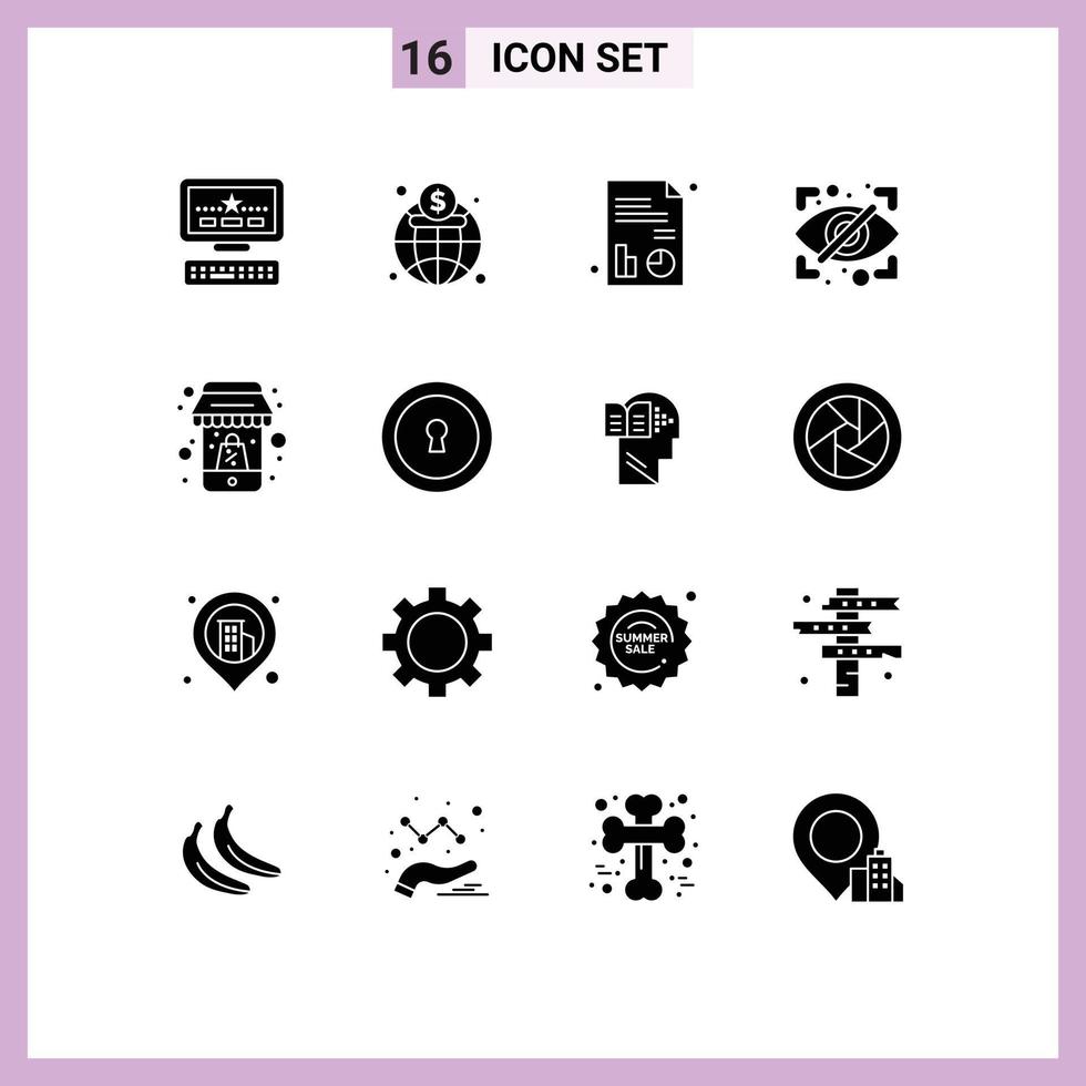 Set of 16 Commercial Solid Glyphs pack for mobile online report shopping private Editable Vector Design Elements