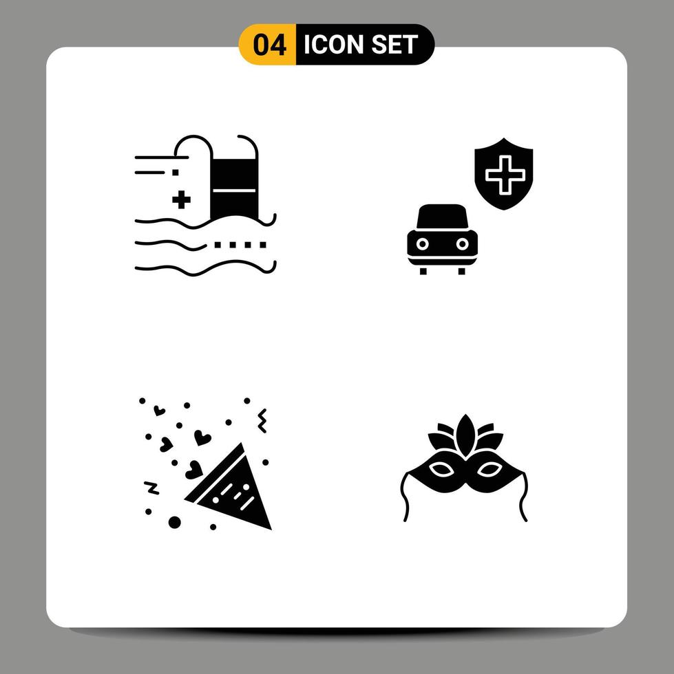 Set of 4 Vector Solid Glyphs on Grid for holiday fireworks swimming insurance love Editable Vector Design Elements