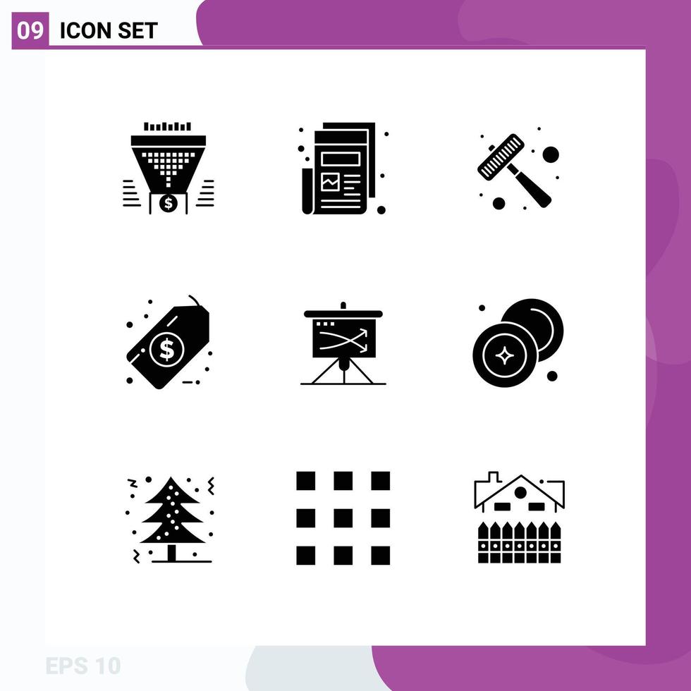 Editable Vector Line Pack of 9 Simple Solid Glyphs of business tag print money steak Editable Vector Design Elements