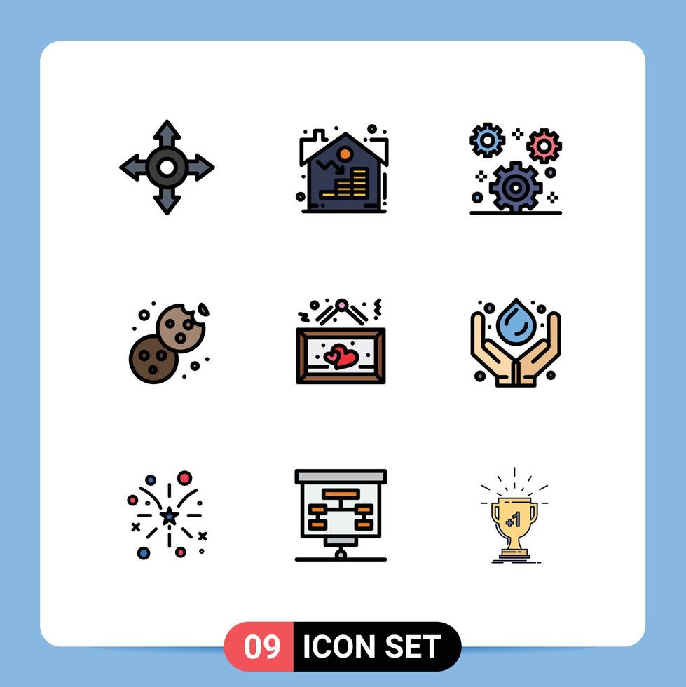 Mobile Interface Filledline Flat Color Set of 9 Pictograms of romantic heart setting hanging food Editable Vector Design Elements