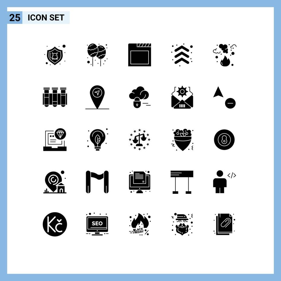 Group of 25 Modern Solid Glyphs Set for fire direction celebrate up arrow Editable Vector Design Elements