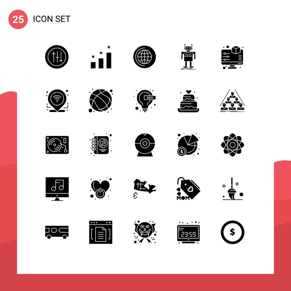 25 Universal Solid Glyphs Set for Web and Mobile Applications printing monitor cd display bot Editable Vector Design Elements