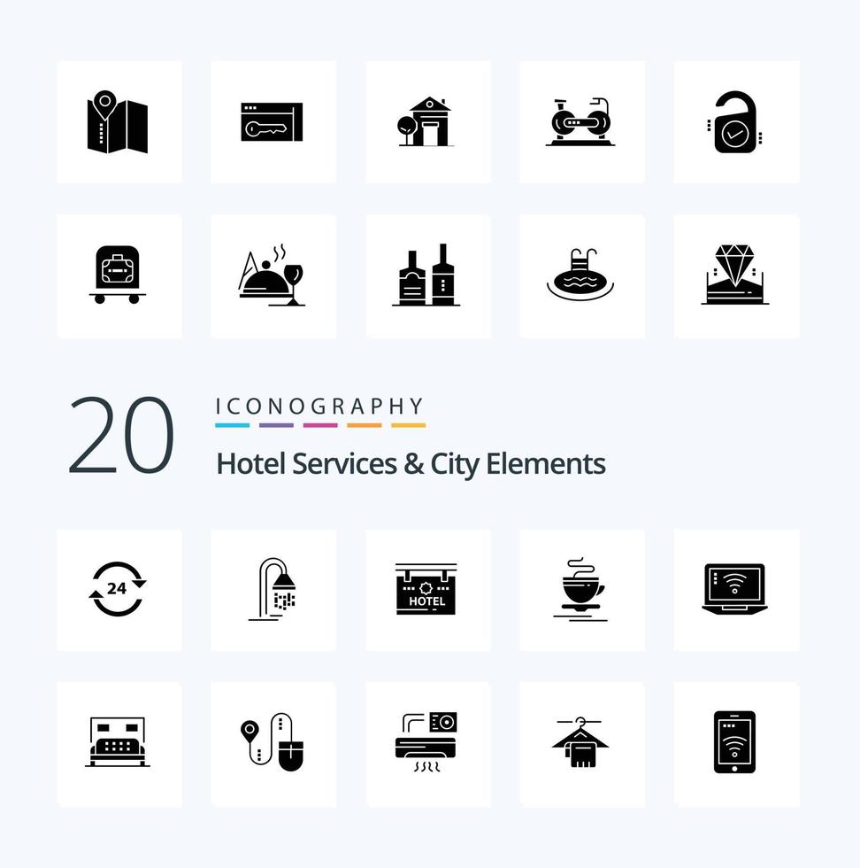 20 Hotel Services And City Elements Solid Glyph icon Pack like hotel cup service tea board vector