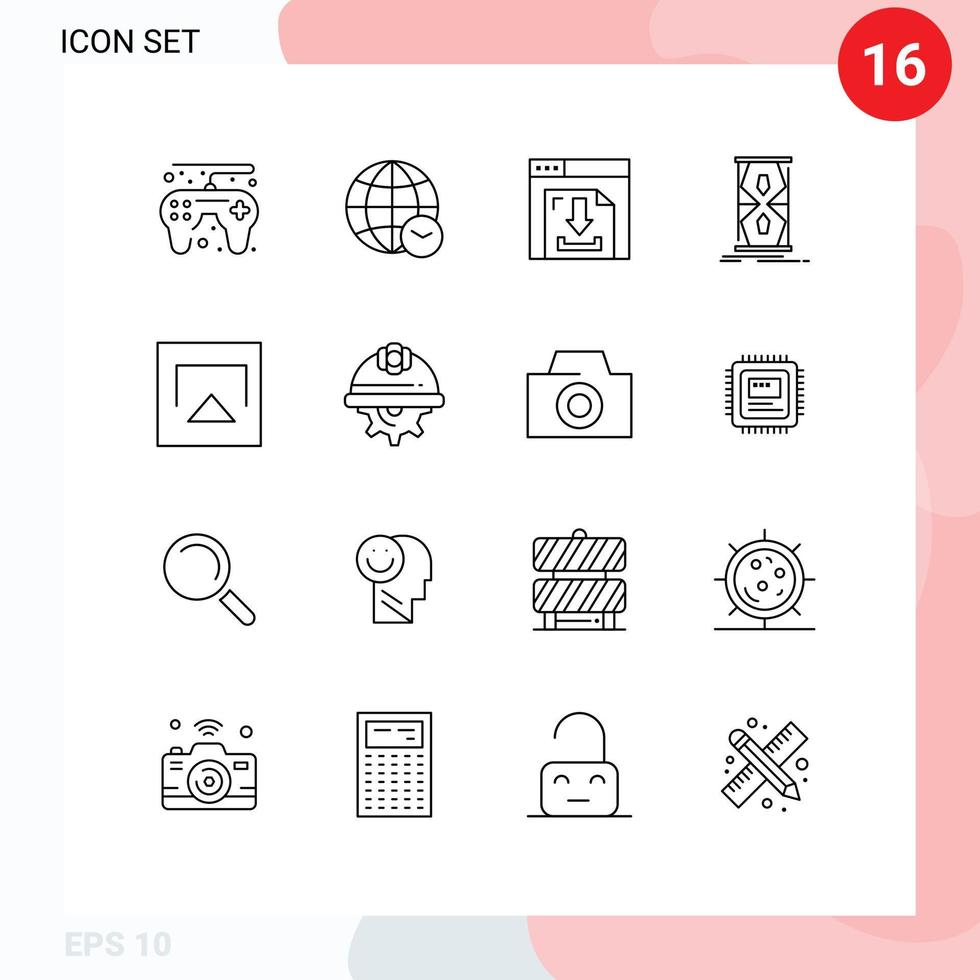 Set of 16 Modern UI Icons Symbols Signs for airplay time download sand clock clock Editable Vector Design Elements