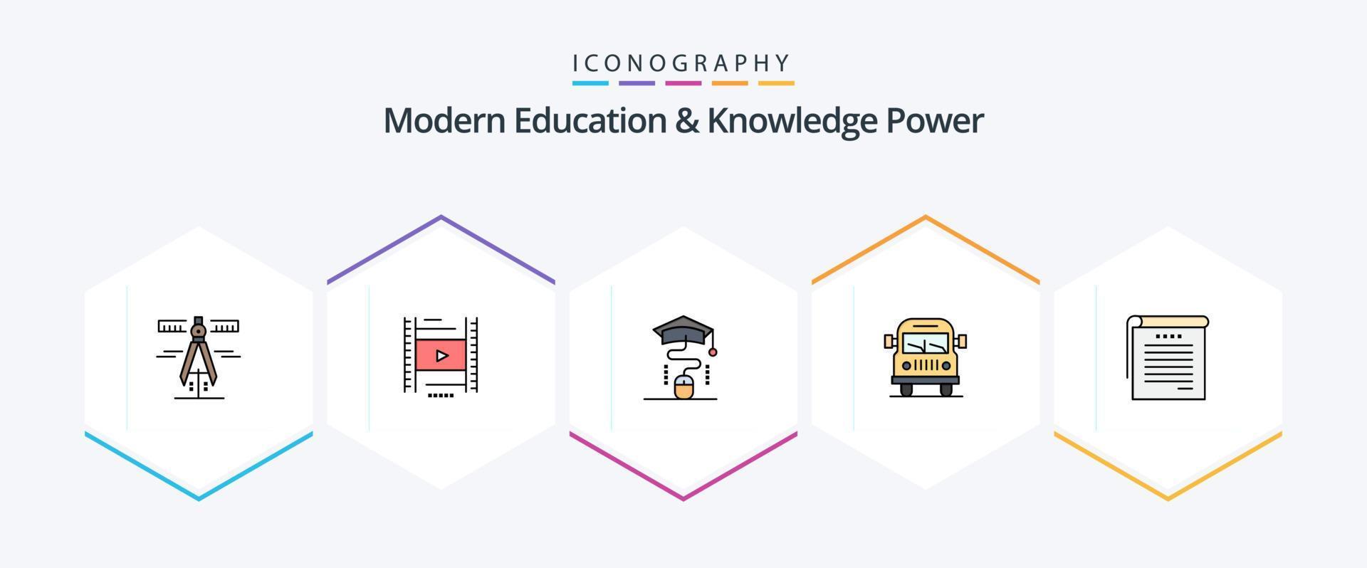 Modern Education And Knowledge Power 25 FilledLine icon pack including notes. education. mouse. vehicle. truck vector