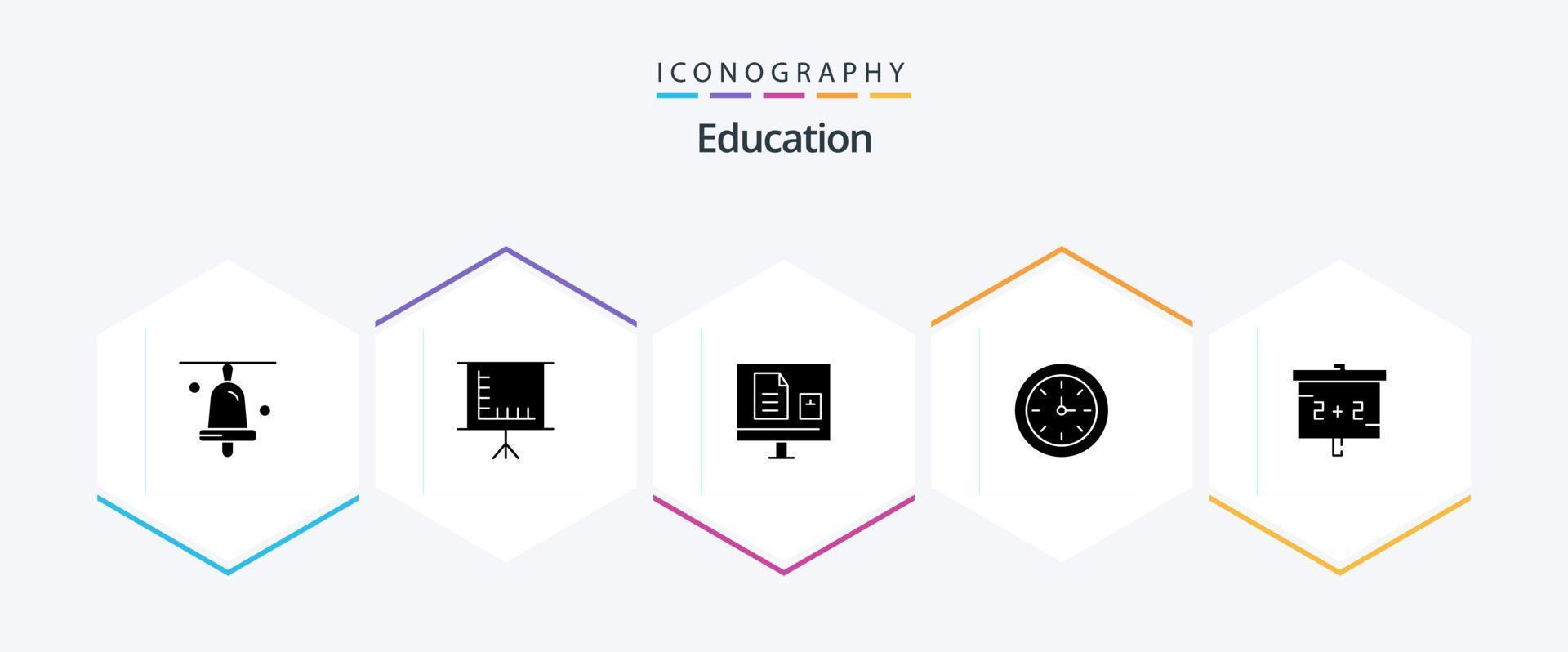 Education 25 Glyph icon pack including blackboard. time. e. education. school vector