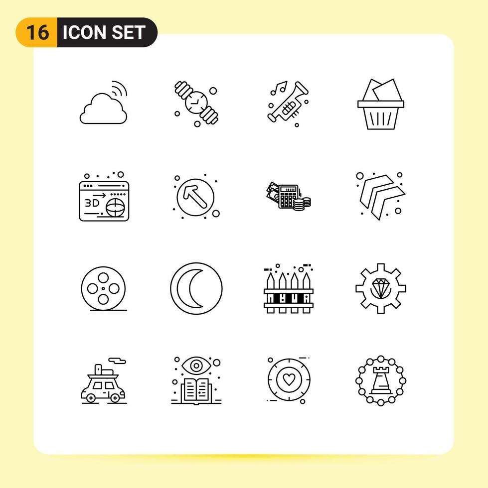 Editable Vector Line Pack of 16 Simple Outlines of web mail hand watch cart noise Editable Vector Design Elements