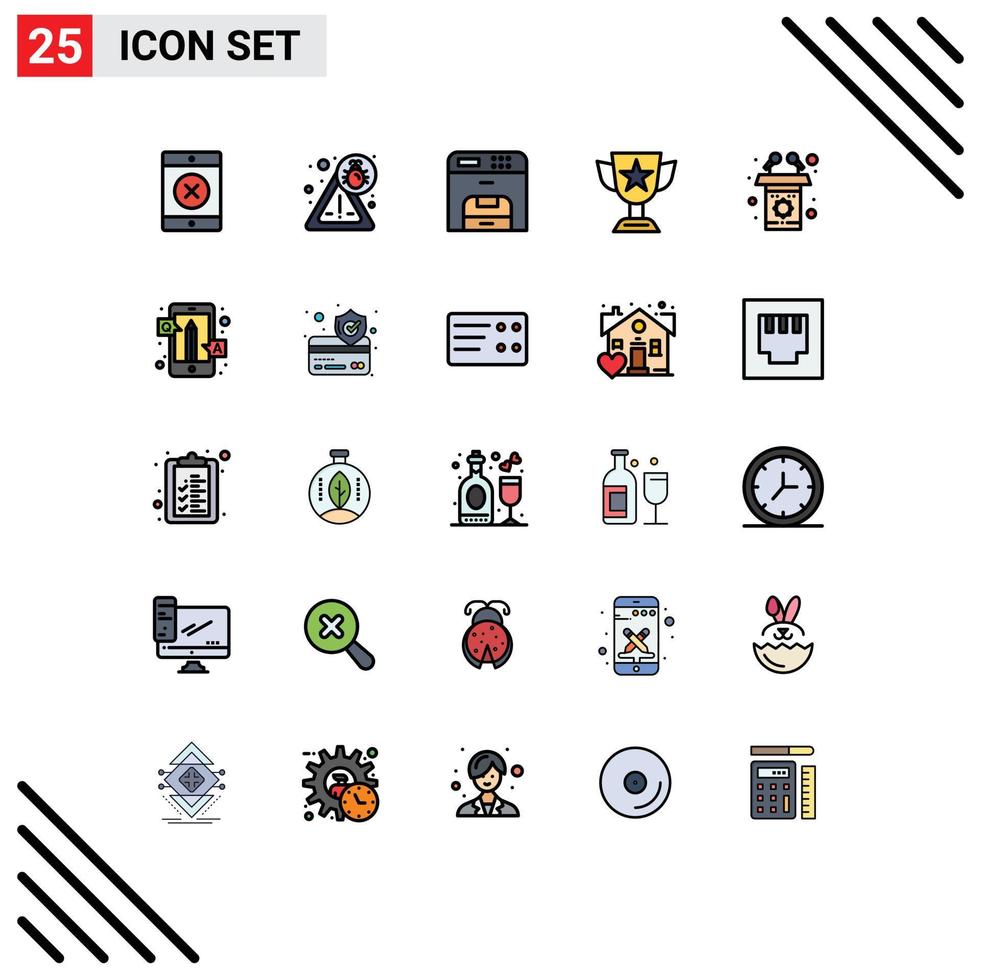 Set of 25 Commercial Filled line Flat Colors pack for speech presentation printer podium prize Editable Vector Design Elements