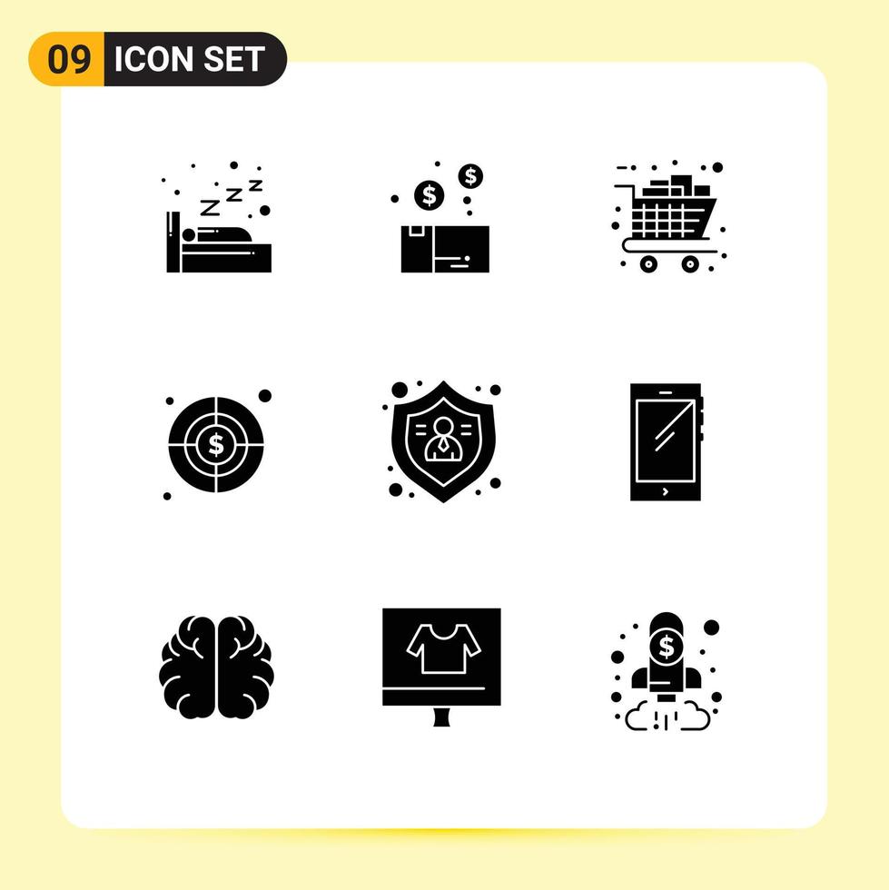 Mobile Interface Solid Glyph Set of 9 Pictograms of people dollar gifts target shopping Editable Vector Design Elements