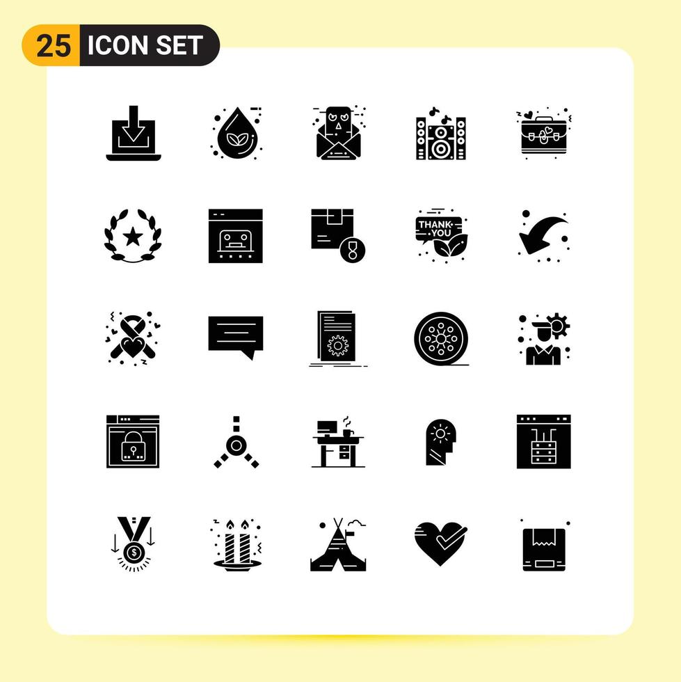 Solid Glyph Pack of 25 Universal Symbols of briefcase speaker water sound email Editable Vector Design Elements
