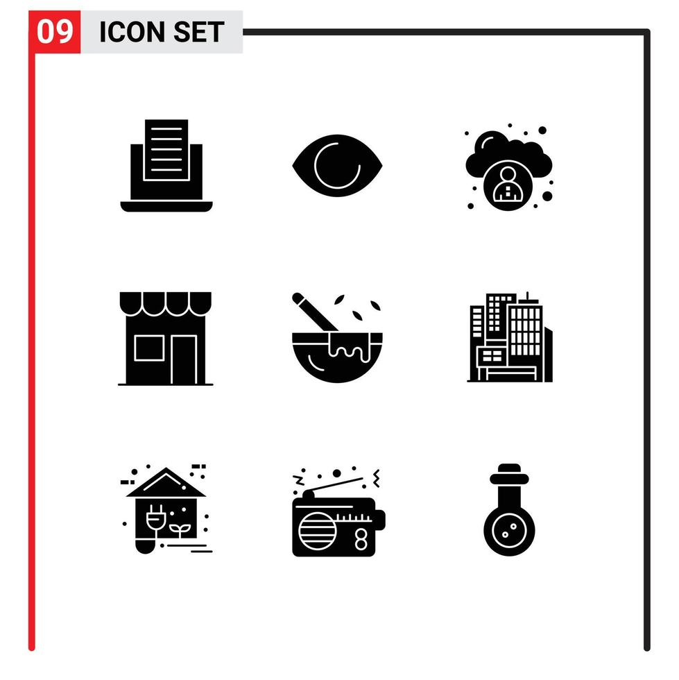 Group of 9 Solid Glyphs Signs and Symbols for kitchenware boiling cloud shop marketplace Editable Vector Design Elements