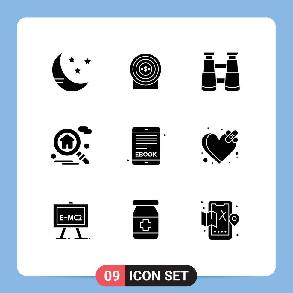 Mobile Interface Solid Glyph Set of 9 Pictograms of breakup internet book search electronic book real estate Editable Vector Design Elements
