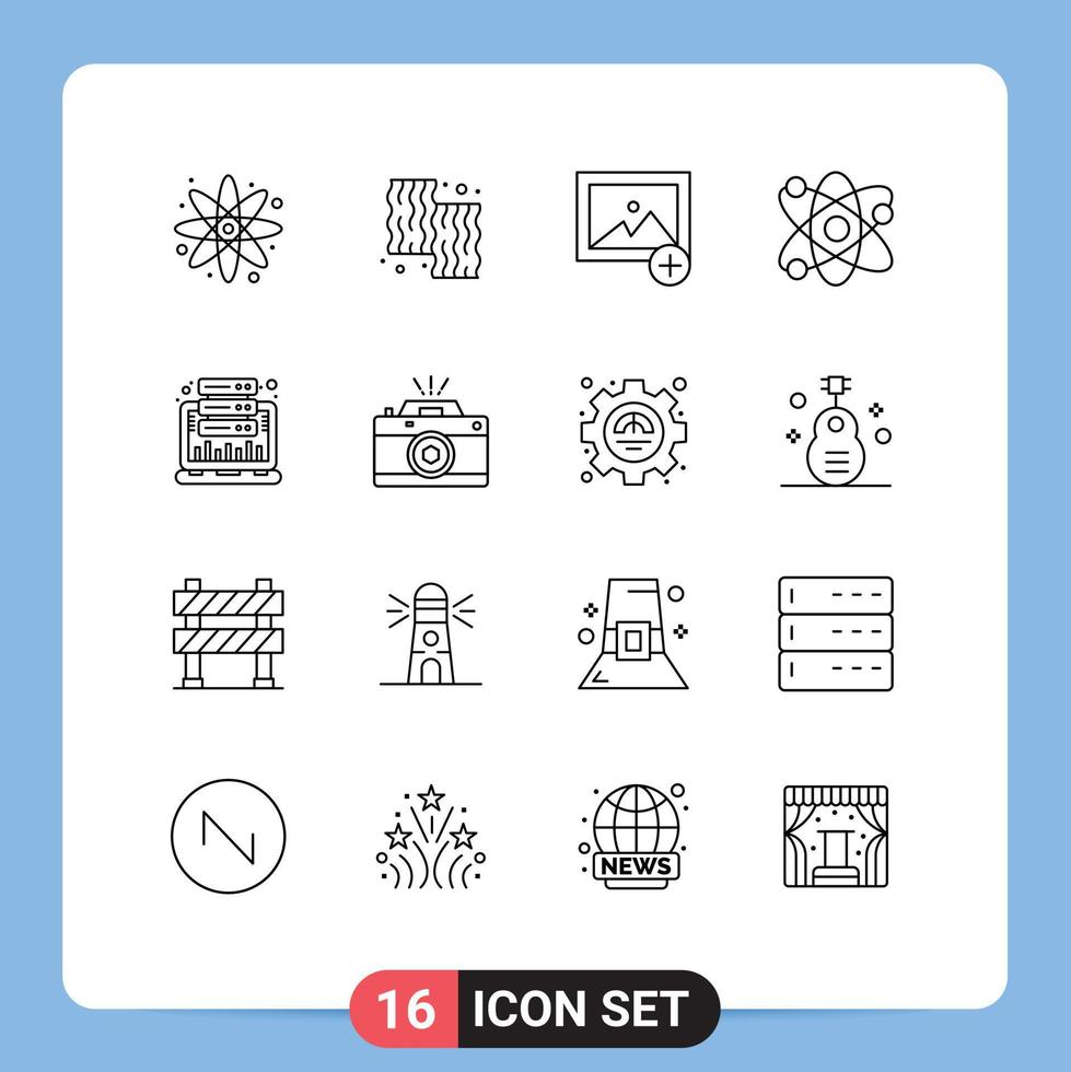 Modern Set of 16 Outlines and symbols such as hosting analysis add atom lab Editable Vector Design Elements
