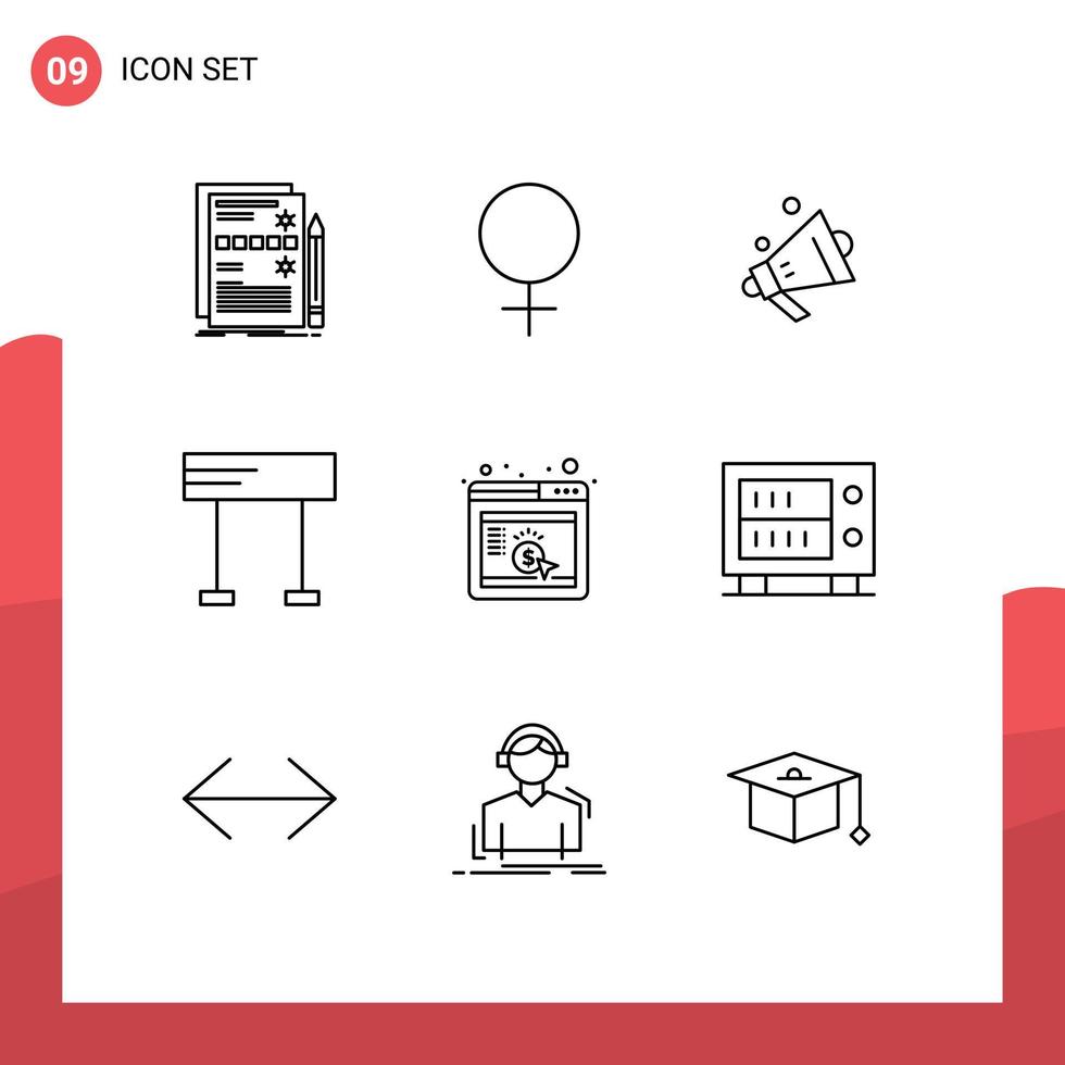 Set of 9 Modern UI Icons Symbols Signs for browser cpc speaker sport line Editable Vector Design Elements